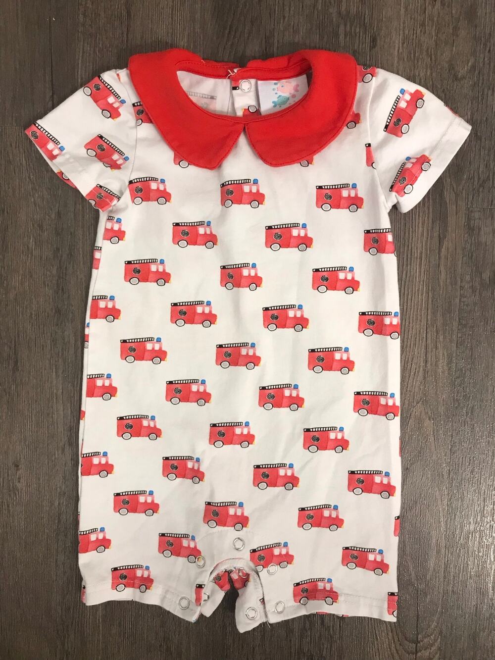 Stitchy Fish Firetrucks Collared Romper Size 9mo